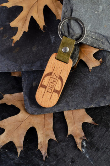 Kişiye Özel İsimli El Yapımı Hakiki Deri Yeşil Anahtarlık - Grain Minimal