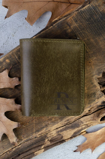 Kişiye Özel İsimli El Yapımı Hakiki Deri Yeşil Cüzdan - Grain Fold