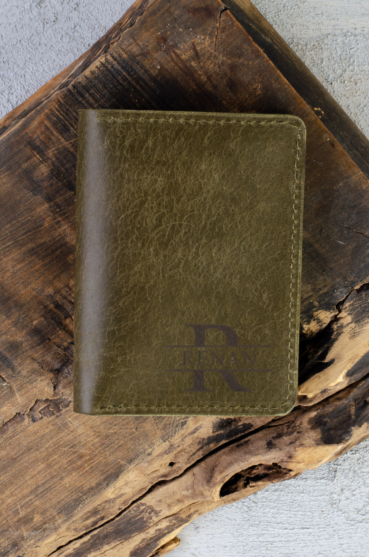 Kişiye Özel İsimli El Yapımı Hakiki Deri Yeşil Cüzdan Kartlık - Grain Slim