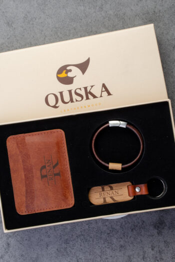 Kişiye Özel İsimli El Yapımı Hakiki Kiremit Deri Hediyelik 3'lü Set - Grain Minimal