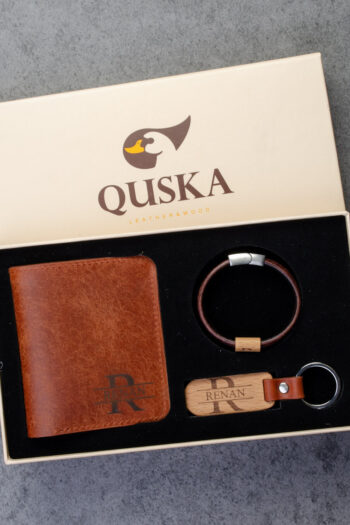 Kişiye Özel İsimli El Yapımı Hakiki Kiremit Deri Hediyelik 3'lü Set - Grain Slim