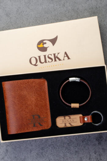 Kişiye Özel İsimli El Yapımı Hakiki Kiremit Deri Hediyelik 3'lü Set - Grain Fold