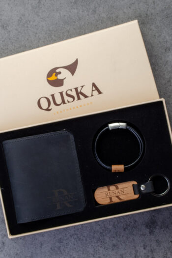 Kişiye Özel İsimli El Yapımı Hakiki Siyah Deri Hediyelik 3'lü Set - Grain Fold