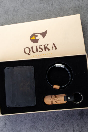 Kişiye Özel İsimli El Yapımı Hakiki Siyah Deri Hediyelik 3'lü Set - Grain Minimal