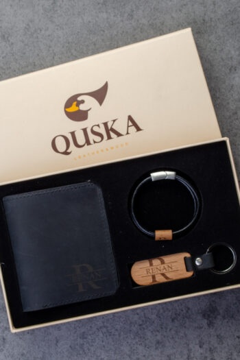 Kişiye Özel İsimli El Yapımı Hakiki Siyah Deri Hediyelik 3'lü Set - Grain Slim