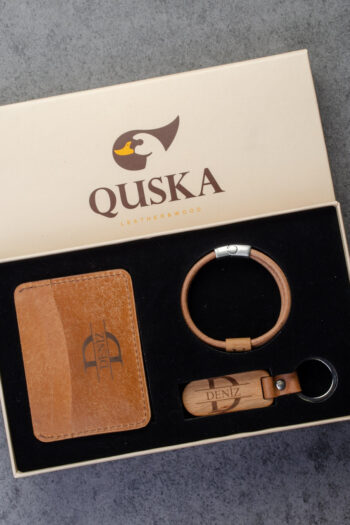 Kişiye Özel İsimli El Yapımı Hakiki Taba Deri Hediyelik 3'lü Set - Grain Minimal