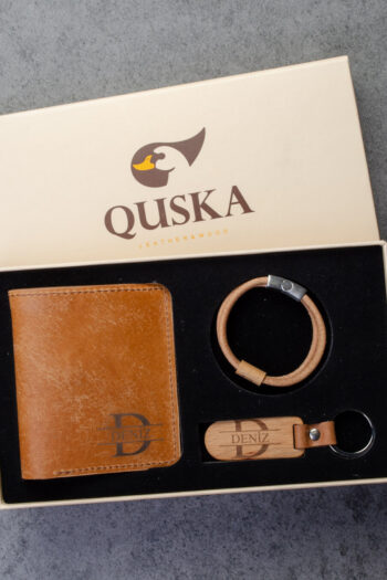 Kişiye Özel İsimli El Yapımı Hakiki Taba Deri Hediyelik 3'lü Set - Grain Slim