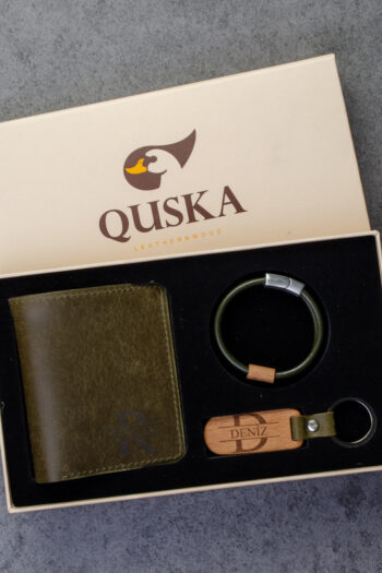 Kişiye Özel İsimli El Yapımı Hakiki Yeşil Deri Hediyelik 3'lü Set - Grain Fold