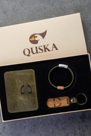 Kişiye Özel İsimli El Yapımı Hakiki Yeşil Deri Hediyelik 3'lü Set - Grain Minimal